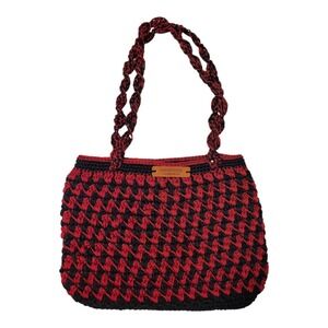 Handmade Limited Edition Crochet Tote Bag Red Black Boho Woven‎ Cord
